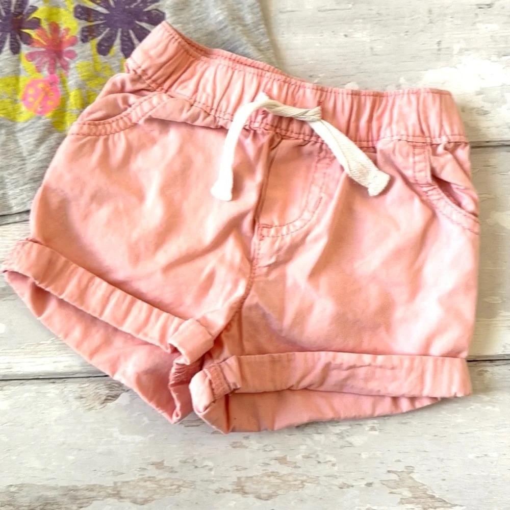 Oshkosh 9m Baby Girl Summer Outfit Pink Carters Shorts Gray Flower Shirt Set